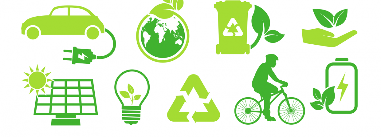 Prinsjesdag verduurzamen en klimaat; groene icoontjes van een huis, fiets, lamp, zonnepanelen, elektrische auto, container, aarde, telefoon